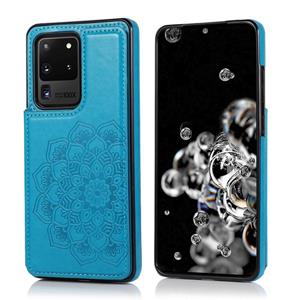 huismerk Voor Samsung Galaxy S20 Ultra Double Buckle Mandala Patroon PU+TPU Beschermhoes met kaartslots & houder & fotoframe(blauw)