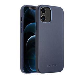 QIALINO Schokbestendige cowhide leder beschermhoes voor iPhone 12 mini(Blauw)