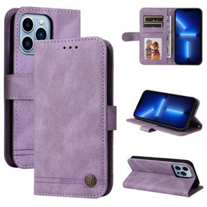 huismerk Huid Feel Life Tree Metal Button Horizontal Flip Leren Case met Houder & Card Slot & Portemonnee & Photo Frame & Strap voor iPhone 13 Pro (Purple)