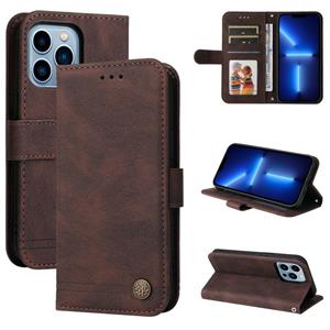 huismerk Huid Feel Life Tree Metal Button Horizontale Flip Leren Case met Houder & Card Slot & Portemonnee & Photo Frame & Strap voor iPhone 13 Pro (Brown)