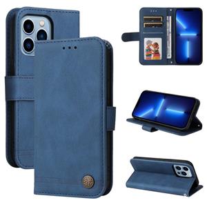 huismerk Huid Feel Life Tree Metal Button Horizontale Flip Leren Case Met Houder & Kaart Slot & Portemonnee & Photo Frame & Strap voor iPhone 13 Pro (Blauw)