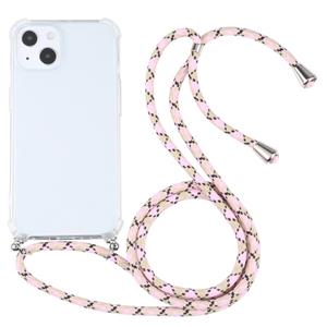 huismerk Vierhoek schokbestendige transparante TPU-beschermhoes met lanyard voor iphone 13 (kleurrijk roze)