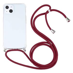 huismerk Vier-hoek Shockproof Transparante TPU Beschermhoes met Lanyard Voor iPhone 13 (Wine Red)