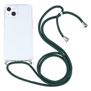 huismerk Vier-hoek shockproof transparante TPU beschermhoes met lanyard voor iPhone 13 (donkergroen)