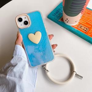 huismerk Laser Crocodile Texture Hearted Phone Case with Wrist Band For iPhone 13 Pro Max(Milk Tea Color)