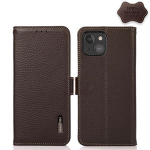 huismerk Khazneh Side-Magnetic Litchi Echt leer RFID Case voor iPhone 13 Mini (Brown)