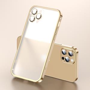 huismerk Frosted Lens Protector Lock Buckle Phone Case voor iPhone 13 Pro (Goud)