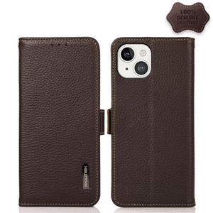 huismerk Khazneh Side-Magnetic Litchi Echt leer RFID Case voor iPhone 13 (Brown)