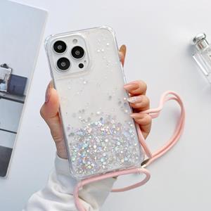 huismerk Lanyard Glitter Epoxy Clear Phone Case voor iPhone 13