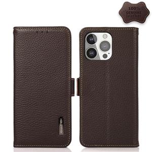 huismerk Khazneh Side-Magnetic Litchi Echt leer RFID Case voor iPhone 13 Pro (Brown)