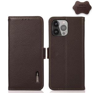 huismerk Khazneh Side-Magnetic Litchi Echt leer RFID Case voor iPhone 13 Pro Max (Brown)