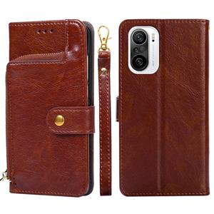 huismerk Zipper Bag PU + TPU Horizontale Flip Lederen Case met Houder & Card Slot & Portemonnee & Lanyard voor Xiaomi Redmi K40 / K40 PRO (Brown)