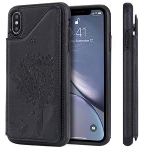 huismerk Voor iPhone XS Max Cat Tree Reliëf Patroon Schokbestendige beschermhoes met kaartslots & fotoframe & houder(zwart)