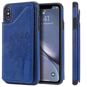 huismerk Voor iPhone XS Max Cat Tree Reliëf Patroon Schokbestendige beschermhoes met kaartslots & fotoframe & houder(blauw)