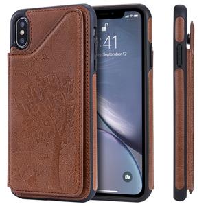 huismerk Voor iPhone XS Max Cat Tree Embossing Pattern Shockproof Protective Case with Card Slots & Photo Frame & Holder(Brown)