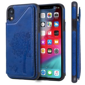 huismerk Voor iPhone XR Cat Tree Embossing Pattern Shockproof Protective Case met Card Slots & Photo Frame & Holder(Blue)