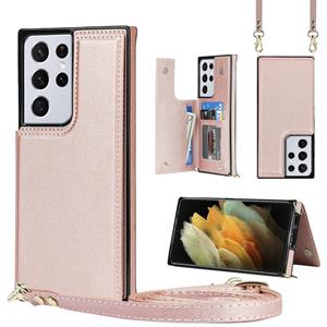 huismerk Voor Samsung Galaxy S21 Ultra 5G Cross-Body Square Double Buckle Flip Card Tas TPU + PU Case met Kaart Slots & Portemonnee & Photo & Strap (Rose Gold)