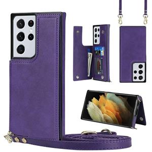 huismerk Voor Samsung Galaxy S21 Ultra 5G Cross-Body Square Double Buckle Flip Card Tas TPU + PU Case met Kaart Slots & Portemonnee & Photo & Strap (Purple)