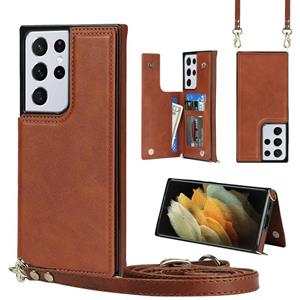 huismerk Voor Samsung Galaxy S21 Ultra 5G Cross-Body Square Double Buckle Flip Card Bag TPU + PU Case met kaartslots & portefeuille en foto & riem