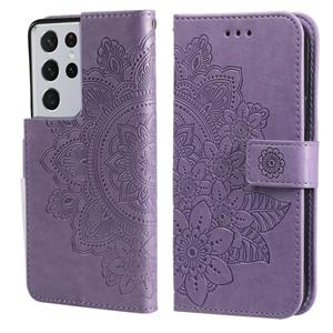 huismerk Voor Samsung Galaxy S21 Ultra 5G 7-Petal Bloemen Embossing Patroon Horizontale Flip PU Lederen Case met Houder & Card Slots & Portemonnee & Fotolijst