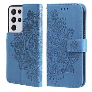 huismerk Voor Samsung Galaxy S21 Ultra 5G 7-Petal Bloemen Embossing Patroon Horizontale Flip PU Lederen Case met Houder & Card Slots & Portemonnee & Fotolijst