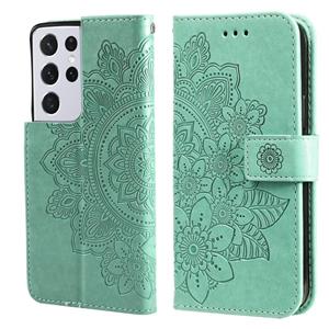 huismerk Voor Samsung Galaxy S21 Ultra 5G 7-Petal Bloemen Embossing Patroon Horizontale Flip PU Lederen Case met Houder & Card Slots & Portemonnee & Fotolijst