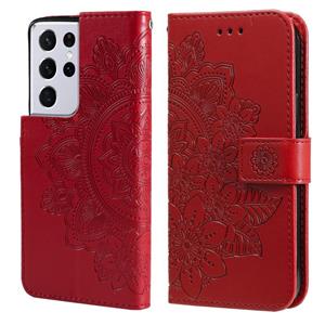 huismerk Voor Samsung Galaxy S21 Ultra 5G 7-Petal Bloemen Embossing Patroon Horizontale Flip PU Lederen Case met Houder & Kaart Slots & Portemonnee & Fotolijst