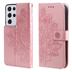 huismerk Voor Samsung Galaxy S21 Ultra 5G 7-Petal Bloemen Embossing Patroon Horizontale Flip PU Lederen Case met Houder & Kaart Slots & Portemonnee & Fotolijst