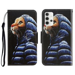 huismerk Voor Sansung Galaxy A32 5G 3D-gekleurde tekening horizontale flip lederen telefoonhoesje met houder & kaart slots & portemonnee (donsjack kat)