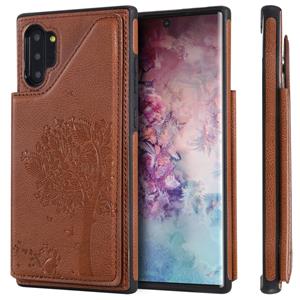 huismerk Voor Galaxy Note 10+ Cat Tree Embossing Pattern Shockproof Protective Case met Card Slots & Photo Frame & Holder(Brown)