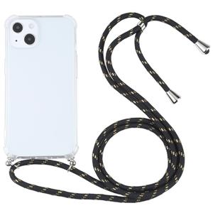 huismerk Vierhoek Schokbestendige transparante TPU-beschermhoes met lanyard voor iPhone 13 mini (zwart goud)