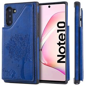 huismerk Voor Galaxy Note 10 Cat Tree Embossing Pattern Shockproof Protective Case met Card Slots & Photo Frame & Holder(Blue)