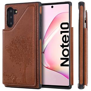 huismerk Voor Galaxy Note 10 Cat Tree Embossing Pattern Shockproof Protective Case met Card Slots & Photo Frame & Holder(Brown)