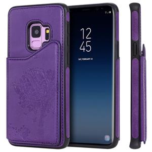 huismerk Voor Galaxy S9 Cat Tree Embossing Pattern Shockproof Protective Case met Card Slots & Photo Frame & Holder(Paars)