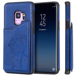 huismerk Voor Galaxy S9 Cat Tree Embossing Pattern Shockproof Protective Case met Card Slots & Photo Frame & Holder(Blue)