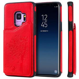 huismerk Voor Galaxy S9 Cat Tree Embossing Pattern Shockproof Protective Case met Card Slots & Photo Frame & Holder(Red)