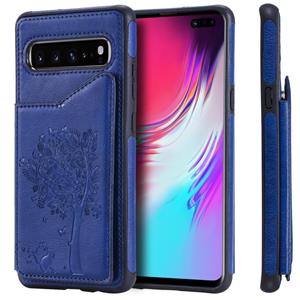 huismerk Voor Galaxy S10 5G Cat Tree Embossing Pattern Shockproof Protective Case met Card Slots & Photo Frame & Holder(Blue)