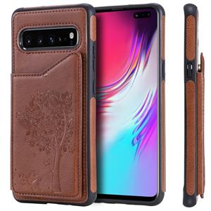 huismerk Voor Galaxy S10 5G Cat Tree Embossing Pattern Shockproof Protective Case met Card Slots & Photo Frame & Holder(Brown)