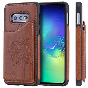 huismerk Voor Galaxy S10e Cat Tree Embossing Pattern Shockproof Protective Case met Card Slots & Photo Frame & Holder(Brown)