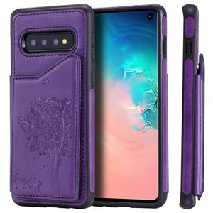 huismerk Voor Galaxy S10 Cat Tree Embossing Pattern Shockproof Protective Case met kaartsleuven & photo frame & holder(Purple)