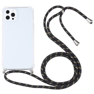 huismerk Vierhoek Schokbestendige Transparante TPU-beschermhoes met Lanyard voor iPhone 13 Pro (zwart goud)