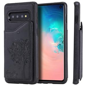 huismerk Voor Galaxy S10 Cat Tree Embossing Pattern Shockproof Protective Case met Card Slots & Photo Frame & Holder(Zwart)