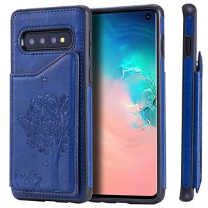 huismerk Voor Galaxy S10 Cat Tree Embossing Pattern Shockproof Protective Case met Card Slots & Photo Frame & Holder(Blue)