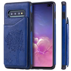 huismerk Voor Galaxy S10+ Cat Tree Embossing Pattern Shockproof Protective Case with Card Slots & Photo Frame & Holder(Blue)