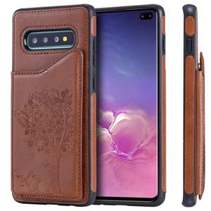 huismerk Voor Galaxy S10+ Cat Tree Embossing Pattern Shockproof Protective Case met Card Slots & Photo Frame & Holder(Brown)