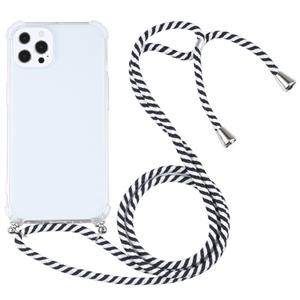 huismerk Vierhoek Schokbestendige Transparante TPU-beschermhoes met Lanyard voor iPhone 13 Pro (zwart wit)