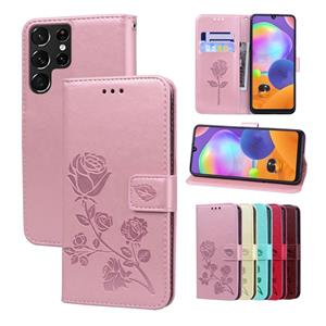 huismerk Voor Samsung Galaxy S22 Ultra 5G Rose reliëf lederen telefooncase (Rose Gold)