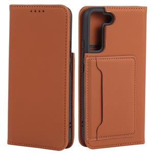 huismerk Voor Samsung Galaxy S22 + 5G Sterke magnetisme Vloeistof Feel Horizontale Flip Leren Telefoonhoes (Brown)