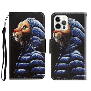 huismerk 3d gekleurde tekening horizontale flip lederen telefoon geval voor iphone 13 pro max (donsjack kat)