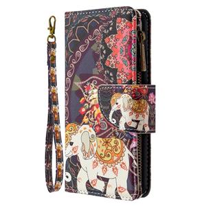 huismerk Voor iPhone 12 Gekleurd tekenpatroon Rits Horizontale Flip Lederen case met Houder & Card Slots & Wallet(Flower Elephants)